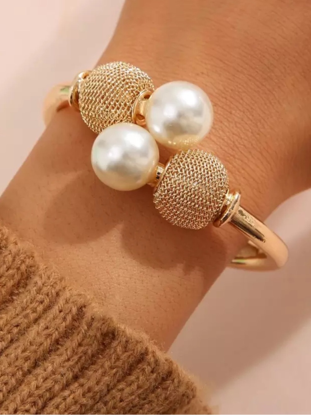 Gold Bangle with Pearl and Mesh Spheres